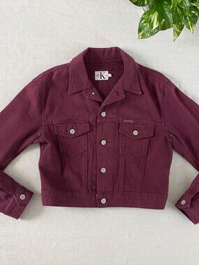 Vintage 90s-Y2K Calvin Klein Cropped Burgundy Denim Jacket - Large